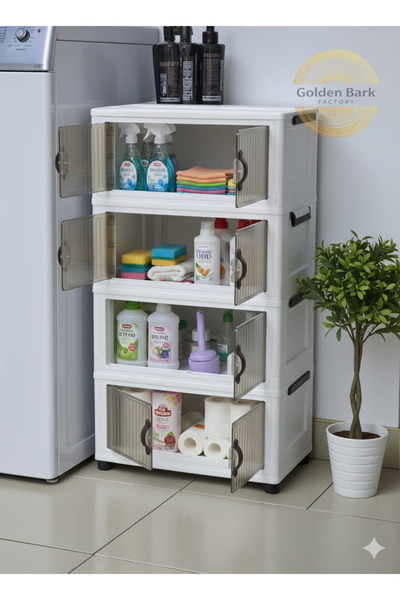 Golden Bark 4-Tier Storage Cabinet with Transparent Doors in White