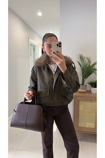 BİRCANÇİL Onda Khaki Leather Jacket with Removable Fur Collar