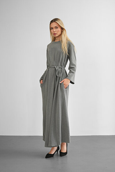 Molly Nelly Women's Soft Gray Long Dress with Pleated Front and Lace Detail