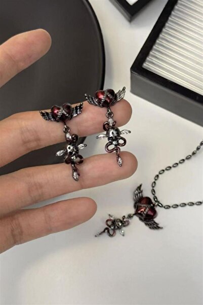 Karakedi Silver Red Heart Snake Skull Gothic Earrings