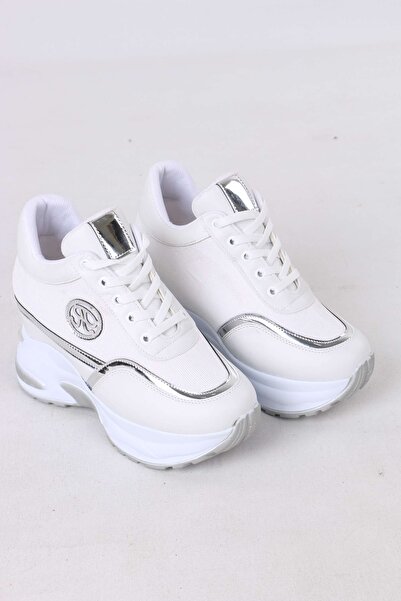 sefayol Karlis White Fur Hidden Heel Women's Sneakers