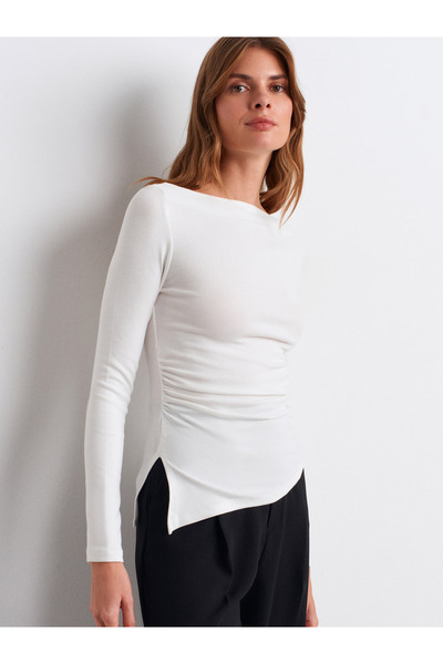 Dilvin 32198 Boat Neck Gathered Top-Ecru