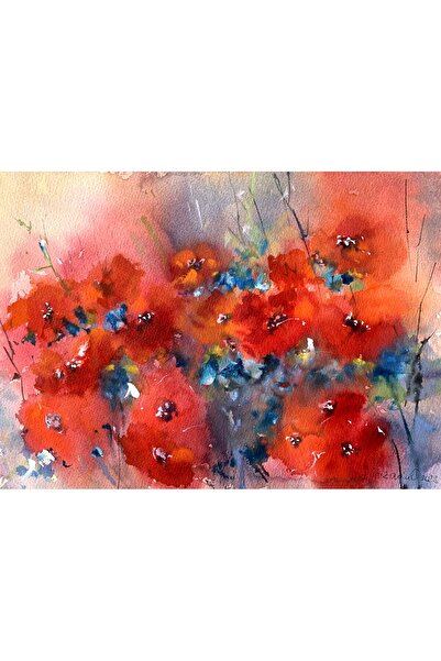 Pictura Hobby Tablou Camp cu maci, pictat manual in acuarela, 25 x 35cm