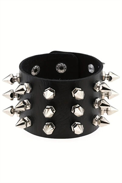 Karakedi Black Gothic 3-Stripes Spiked Detailed Leather Bracelet