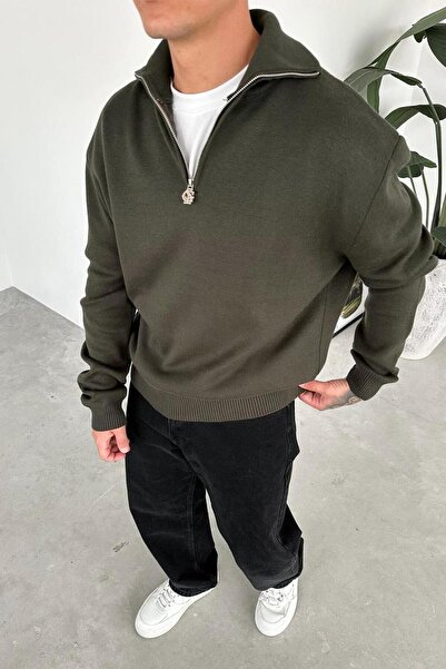 HAFKAGİYİM Khaki Half-Zip High Neck Knit Sweater