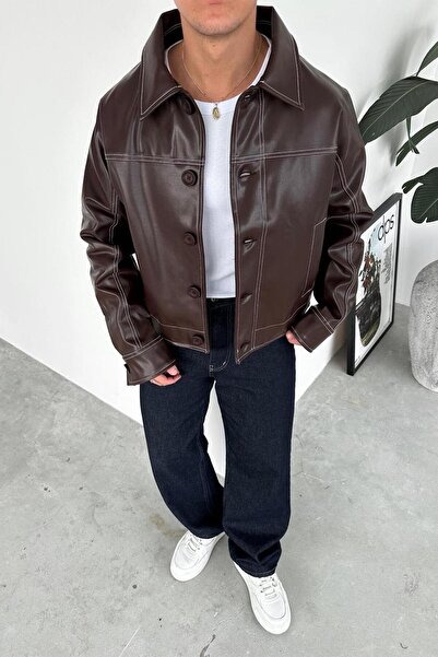 HAFKAGİYİM Δερμάτινο μπουφάν Premium με καφέ ραφή με αντίστροφη ραφή