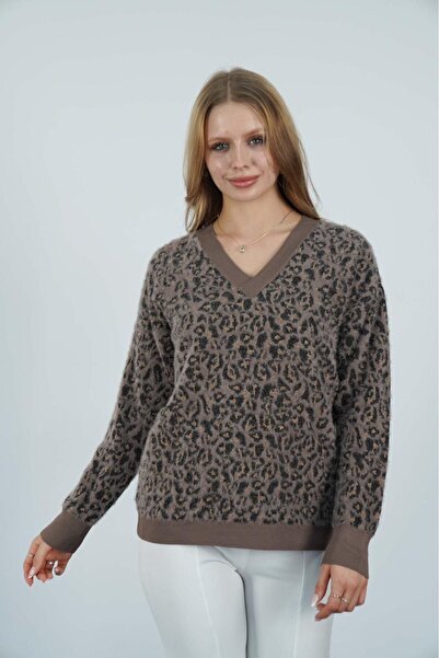 AGORATEKSTİL Γυναικείο πλεκτό πουλόβερ με λεοπάρ σχέδιο με λαιμόκοψη σε σχήμα V