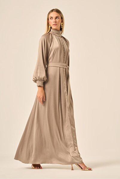 FTZ WOMEN Women's Silk Satin Dress Khaki 31208