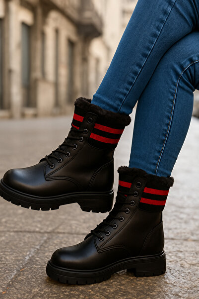 DB Γυναικείες μπότες με κορδόνια με φερμουάρ και λεπτομέρεια από γούνα