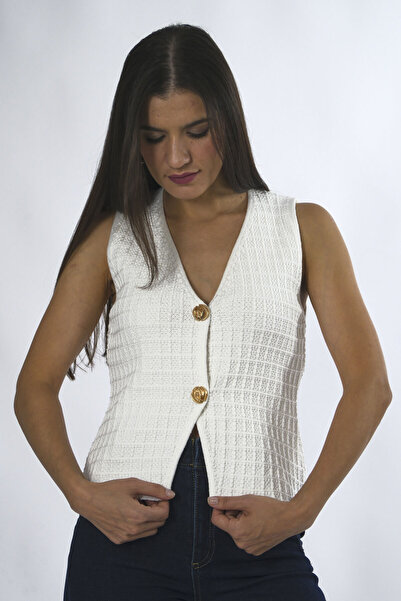 ABBRA Kadın Kendinden Desenli 2 Düğmeli Triko Yelek