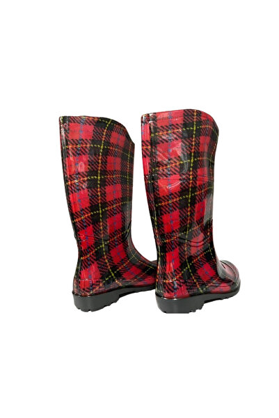 Emek Kadın Kırmızı-siyah Desenli Bahçe Uzun Yağmur Çizmesi EMK2036-97