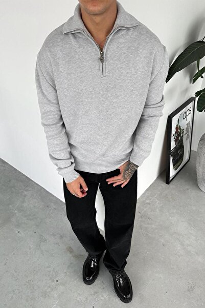 HAFKAGİYİM Gray Half-Zip High Neck Knit Sweater