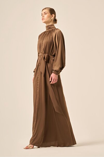 FTZ WOMEN Kadın İpek Saten Elbise Kahve 31208