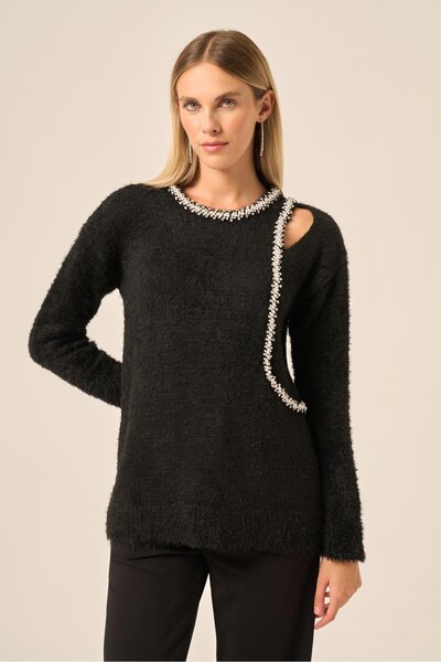 FTZ WOMEN Kadın İnci Detay Kazak Siyah 25061