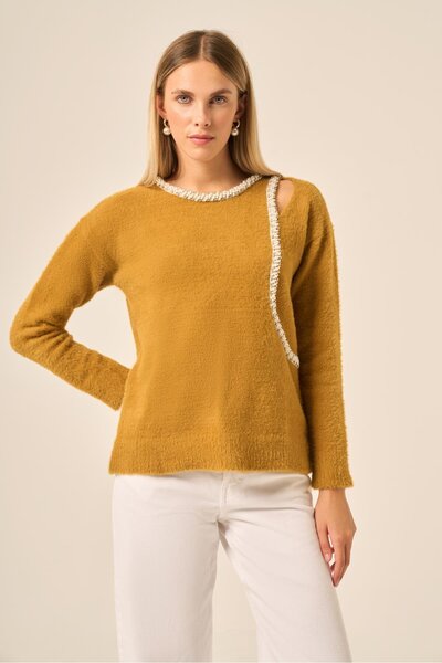 FTZ WOMEN سترة نسائية بتفاصيل لؤلؤية بلون الخردل 25061