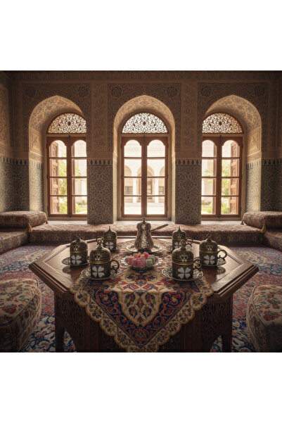 Sena Yonca Desenli 6 Kişilik Porselenli Kapaklı 24 Parça Antik Renk Fincan Seti