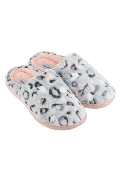 OEM Winter Slippers Gray with Animal Print Pattern Faux Fur & Reinforced Sole for Women