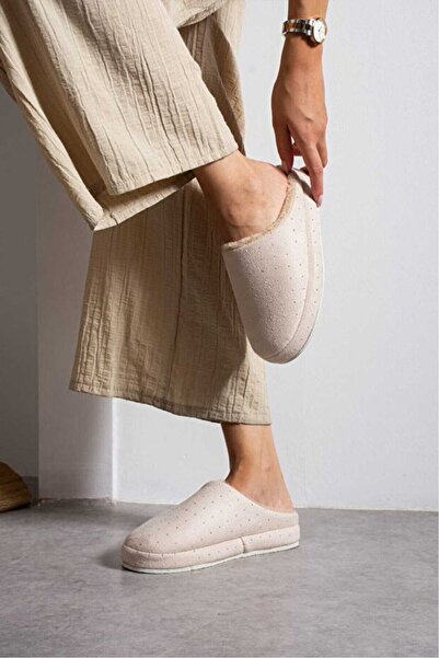 STOCON Women's Fur-Lined Stylish Stone-Embroidered Warm-Lined House Slippers Bohça Dowry Slippers Stc1177