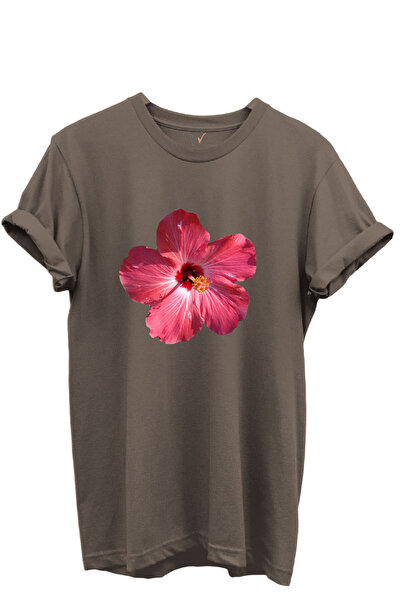 WİDİ Pink Tropical Hibiscus Floral Women's 100% Cotton Regular Fit Crew Neck T-Shirt