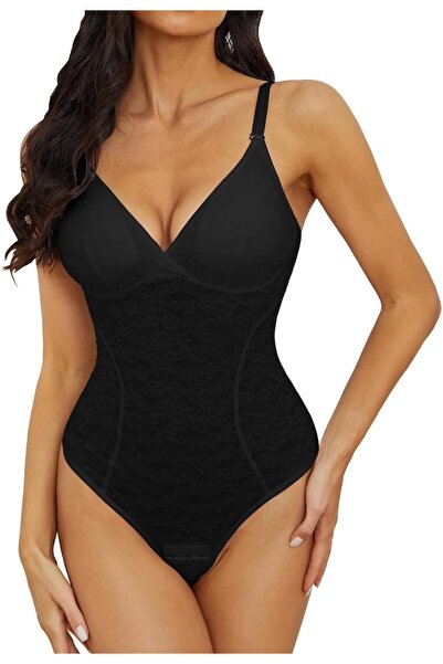 OEMS Lenjerie modelatoare pentru femei, control al abdomenului, body fără cusături, bretele reglabile, negru/dantelă, XL