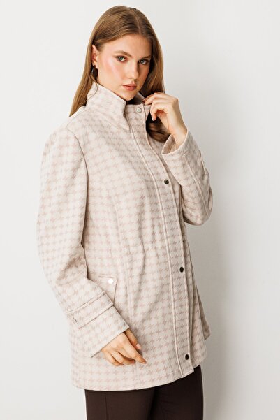 Ekol Women's Plus Size Elastic Waist Houndstooth Patterned Trench Coat 7541 Sand