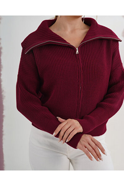 VELZANA Burgundy Zippered Cardigan