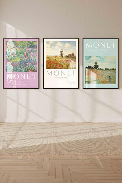 Buka Shops Pastel Tonlarda Monet Galeri Duvarı Seti 3'lü Çerçeveli Renk Seçenekli