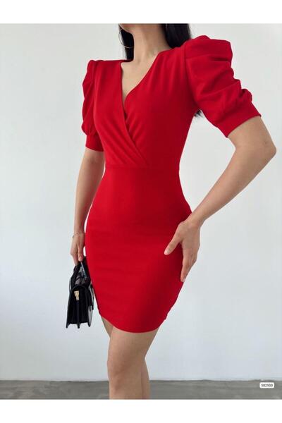 Modafeminen Crepe Fabric Short Sleeve Double Breasted Collar Dress 582900 Red