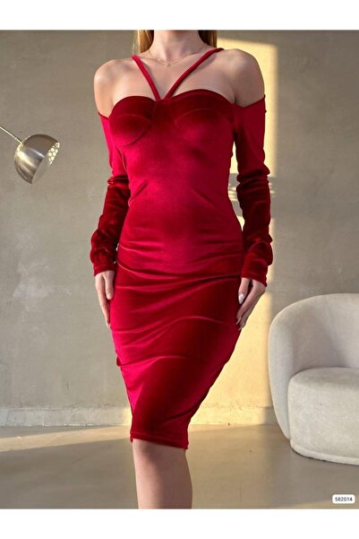Modafeminen Esnek Kumaş Kadife Omuz Biye Detaylı Abiye Elbise 582014 KIRMIZI