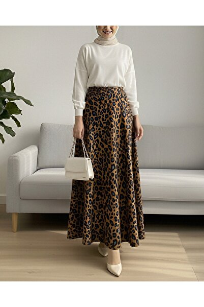 Modamorfo Leopard Patterned Scuba Skirt - Tan