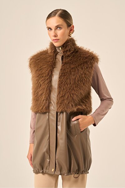 FTZ WOMEN Women's Plush Detail Leather Vest Brown 31243