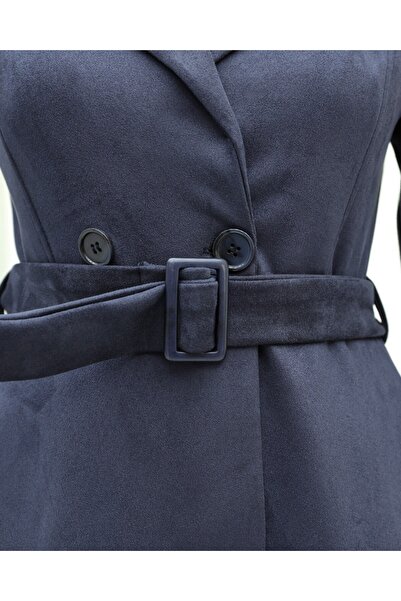 Modamorfo Beli Belted Pocketed Suede Cap - Navy