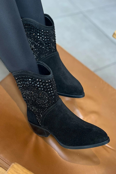 Heyzen TAŞ DETAYLI SÜET KISA WESTERN BOT SİYAH