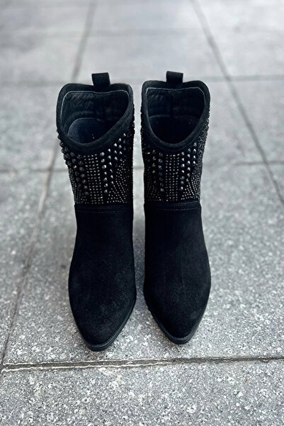 Heyzen TAŞ DETAYLI SÜET KISA WESTERN BOT SİYAH