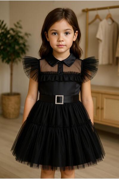 Mashotrend Clario - Kız Çocuk Siyah Tül Elbise - Kız Çocuklar İçin Taşlı Keme...