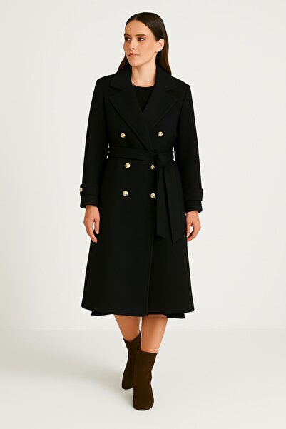 Ekol Kuşak Detaylı Kaşe Kaban 6061 Siyah