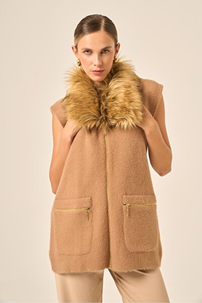 FTZ WOMEN Ftz Women's Fur Detailed Angora Vest Biscuit 20778