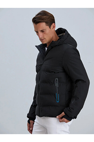 PIQUE Men's Ribbed Puffer Black Coat Santo with Hooded Print Detail