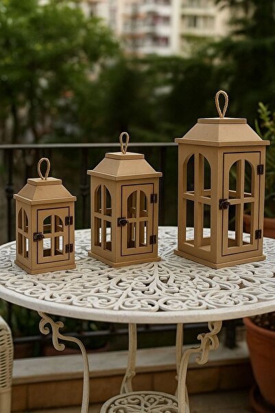 Özka Hobi Ahşap özka hobi dekoratif 3'lü mini fener takımı (12X12X21,13X13X27...