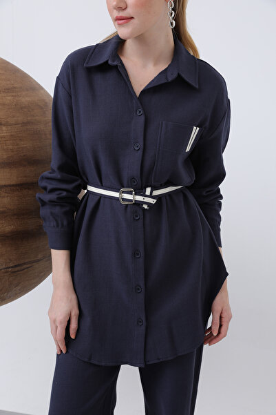 Modamorfo Women's Linen Suit with Belt Detail and Trousers - 14313Tks