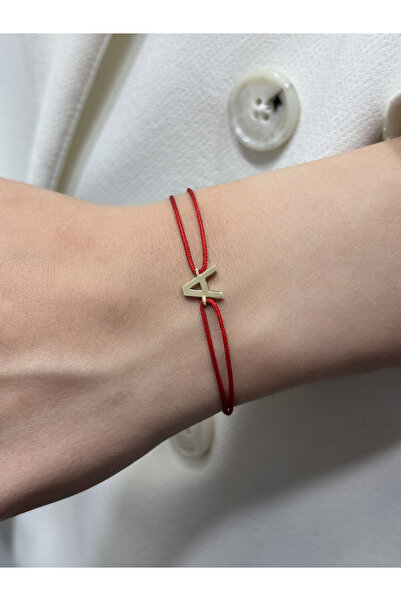 DİAMİNE PIRLANTA 14 Ayar Altın 3 Boyutlu A Harf Kırmızı İpli Bileklik