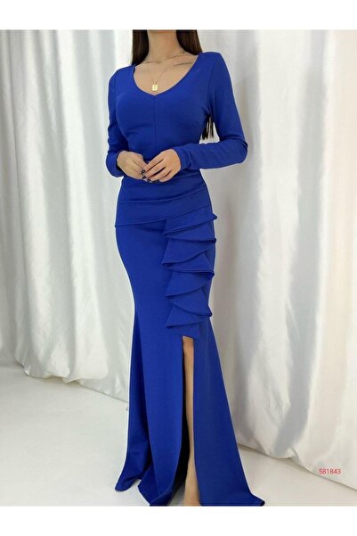 Modafeminen V-Neck Slit Detail Flexible Crepe Fabric Long Evening Dress 58184...