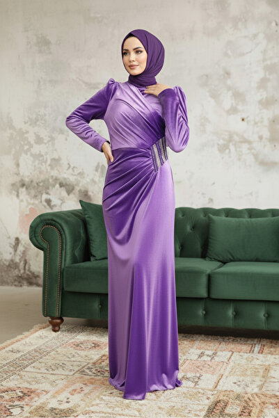ALA MİRA Drape Detaylı Koyu Lila Tesettür Abiye Elbise ALM36891KLİLA