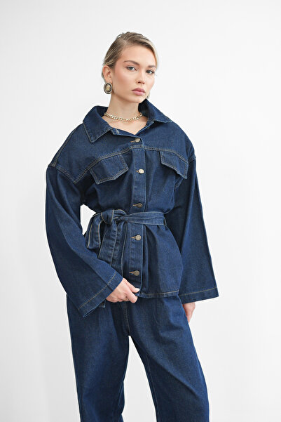 Molly Nelly Women's Collared Blouse Pants Belted Jeans Set