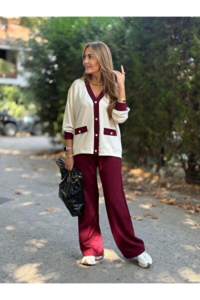 Aymood Women's long sleeve ribbed cardigan with pocket detail and wide leg pants two-piece set