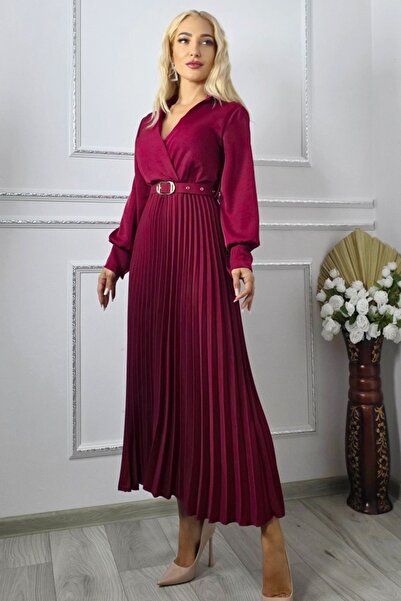 FashionForYou NOVARA long pleated dress, matching belt and lapels, Dark Red