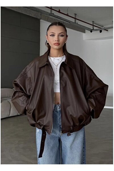 Genel Markalar Kadın Oversize Deri Ceket– Oversize Relax Fit, Fermuarlı Kemer...