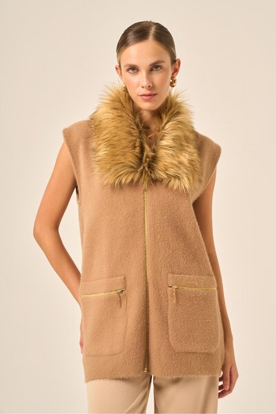 FTZ WOMEN Ftz Women's Fur Detailed Angora Vest Biscuit 20778