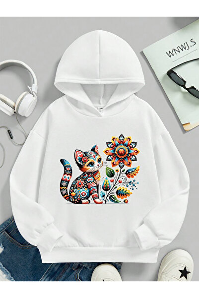 stil x Детска суитшърт с качулка и принт на сладки котки