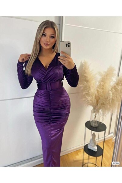 Modafeminen Quinn Kemer Detay Simli Kadife Elbise 582348 MOR